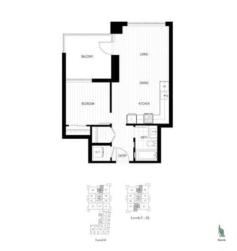 Floor plan for 1 bed, 1 bath, 581 sqft